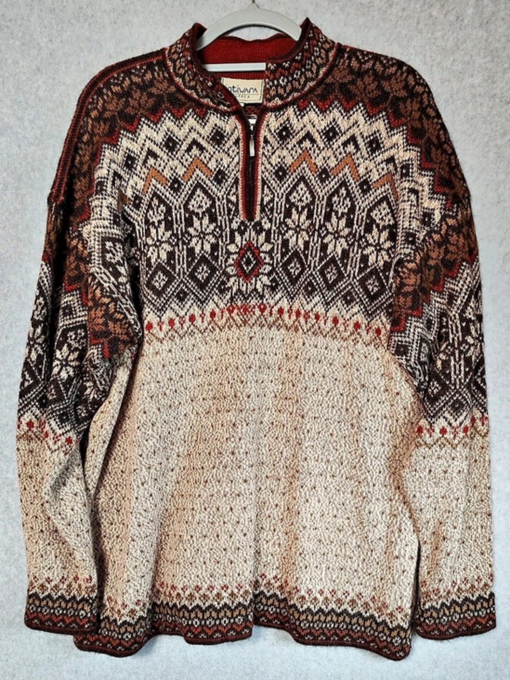 Intiwara 100% Alpaca Men's L 1/4 Zip Fair Isle Geometric Sweater Handmade VTG